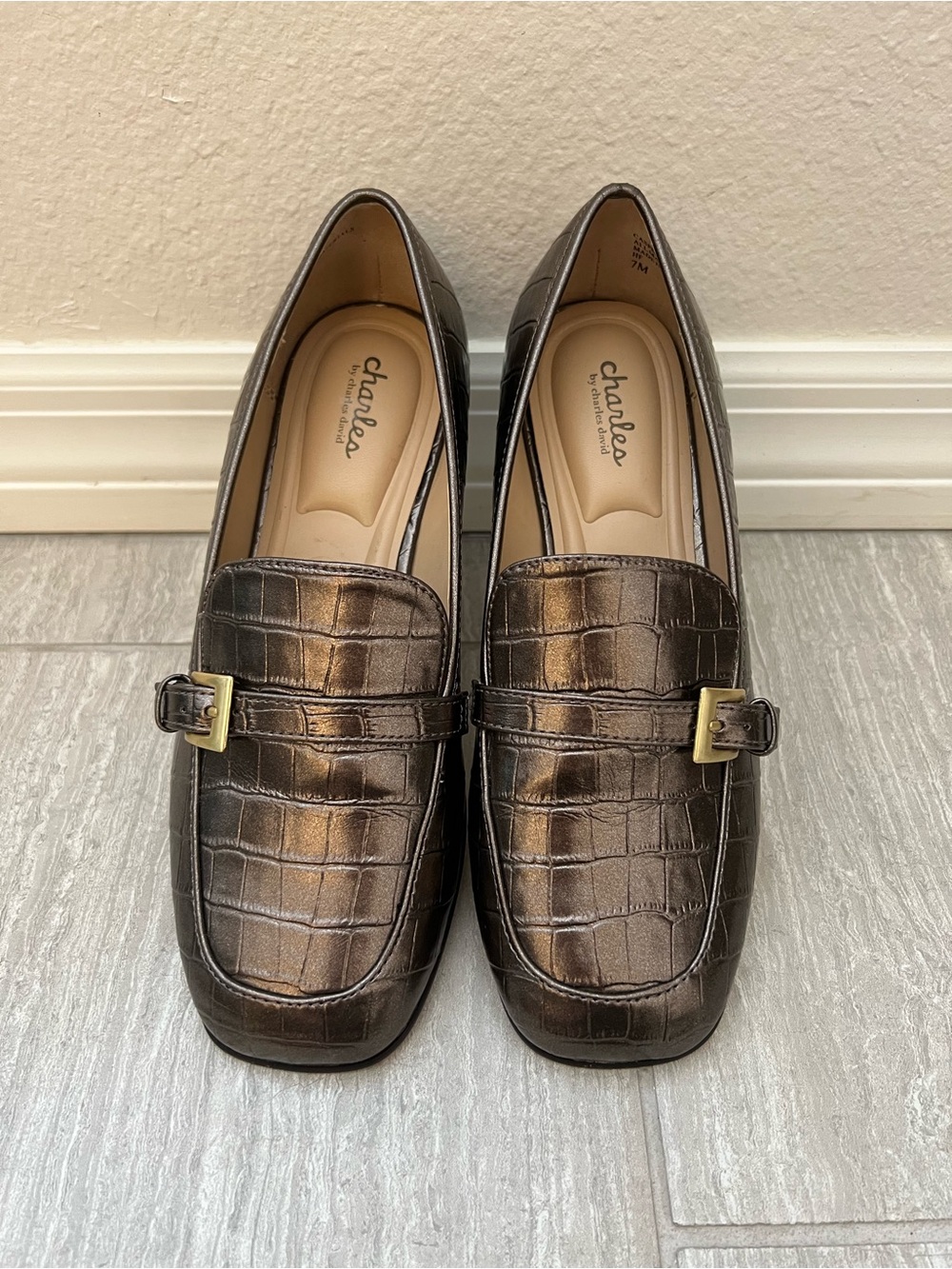 Charles By Charles David Metallic Bronze Croc-Embossed Loafers with Gold Buckle